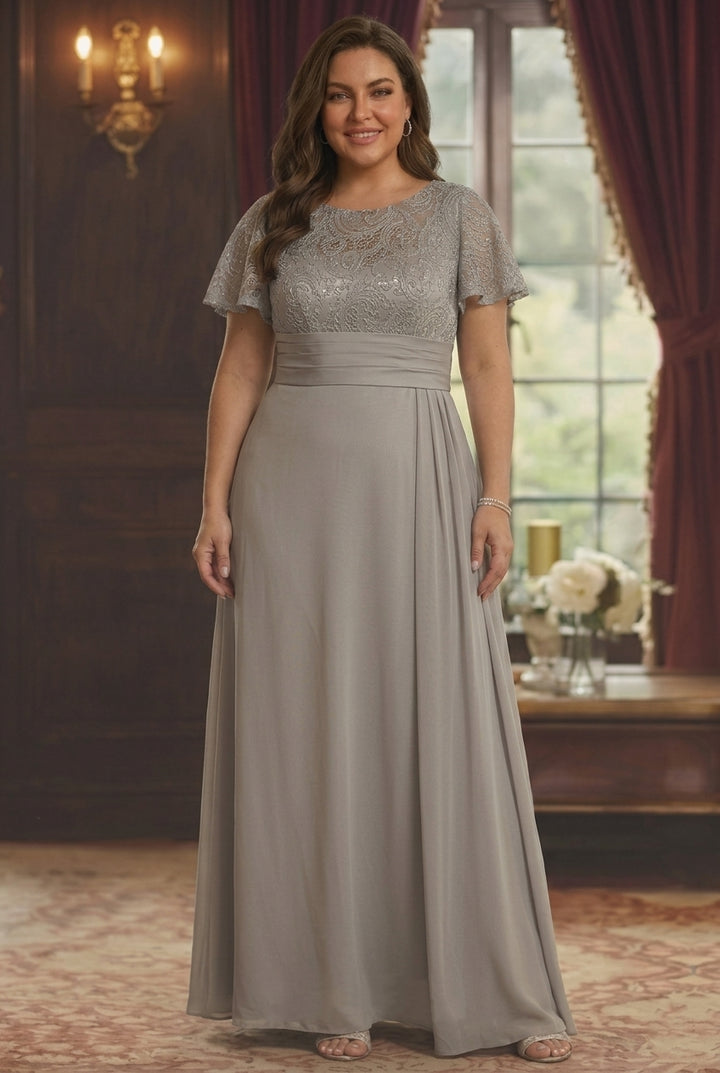 Sheath/Column Scoop Stretch Satin Plus Size Mother of the Bride Dresses with Watteau Train Lace Floor-Length Short Sleeves