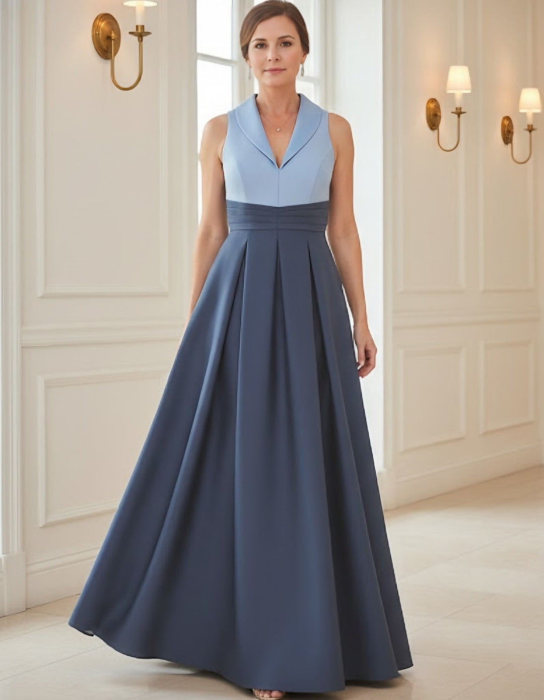 A-Line/Princess V-Neck Satin Mother of the Bride Dresses Floor-Length Sleeveless Pleated