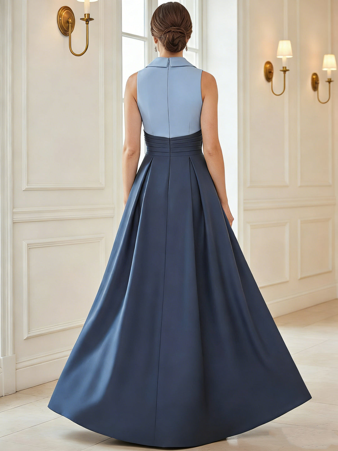 A-Line/Princess V-Neck Satin Mother of the Bride Dresses Floor-Length Sleeveless Pleated