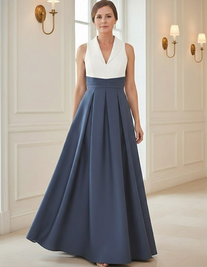 A-Line/Princess V-Neck Satin Mother of the Bride Dresses Floor-Length Sleeveless Pleated