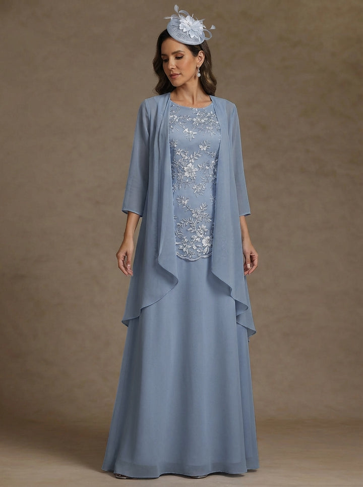 2 Pieces A-Line/Princess Scoop Chiffon Mother of the Bride Dresses with Jacket Floor-Length 3/4 Sleeves Lace