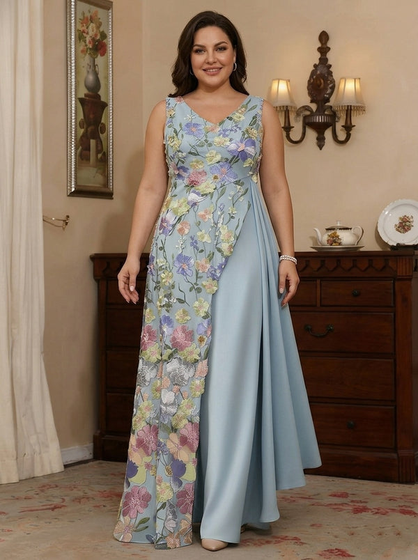 A-Line/Princess V-Neck Stretch Satin Plus Size Mother of the Bride Dresses Floral Lace Floor-Length Sleeveless Ruffles