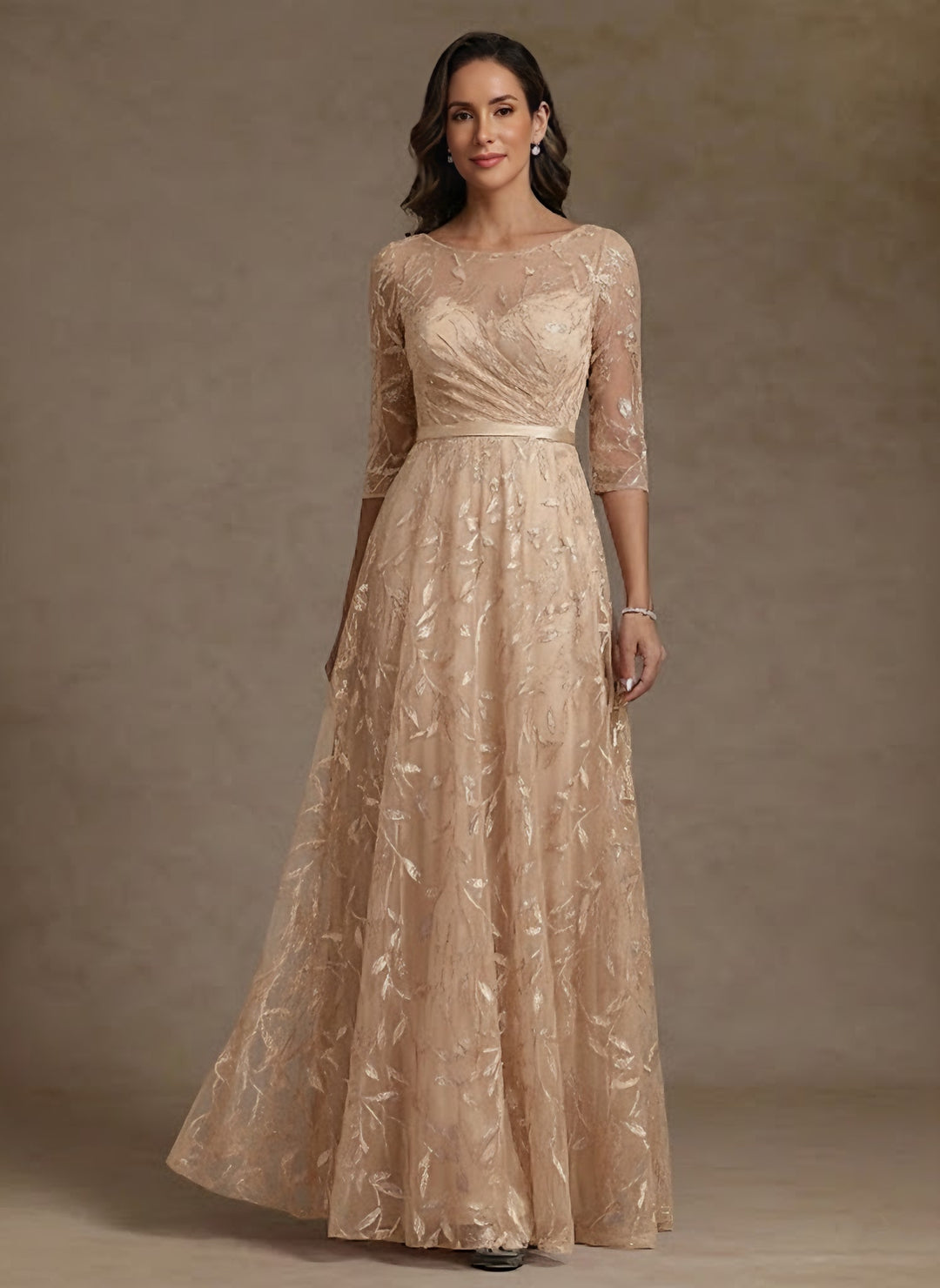A-Line/Princess Scoop Lace Mother of the Bride Dresses Floor-Length Half Sleeves Pleated