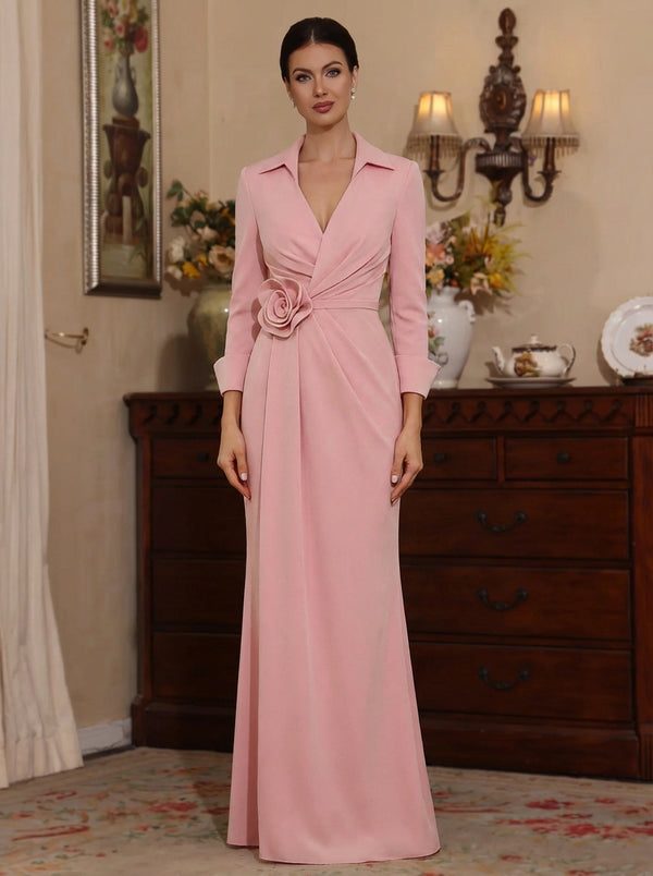 Sheath/Column V-Neck Stretch Satin Mother of the Bride Dresses with 3D Flower Floor-Length Floral 3/4 Sleeves