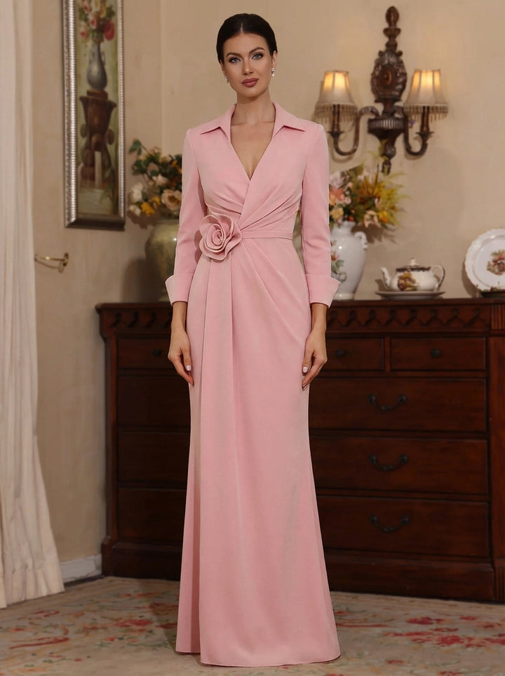 Sheath/Column V-Neck Stretch Satin Mother of the Bride Dresses with 3D Flower Floor-Length 3/4 Sleeves