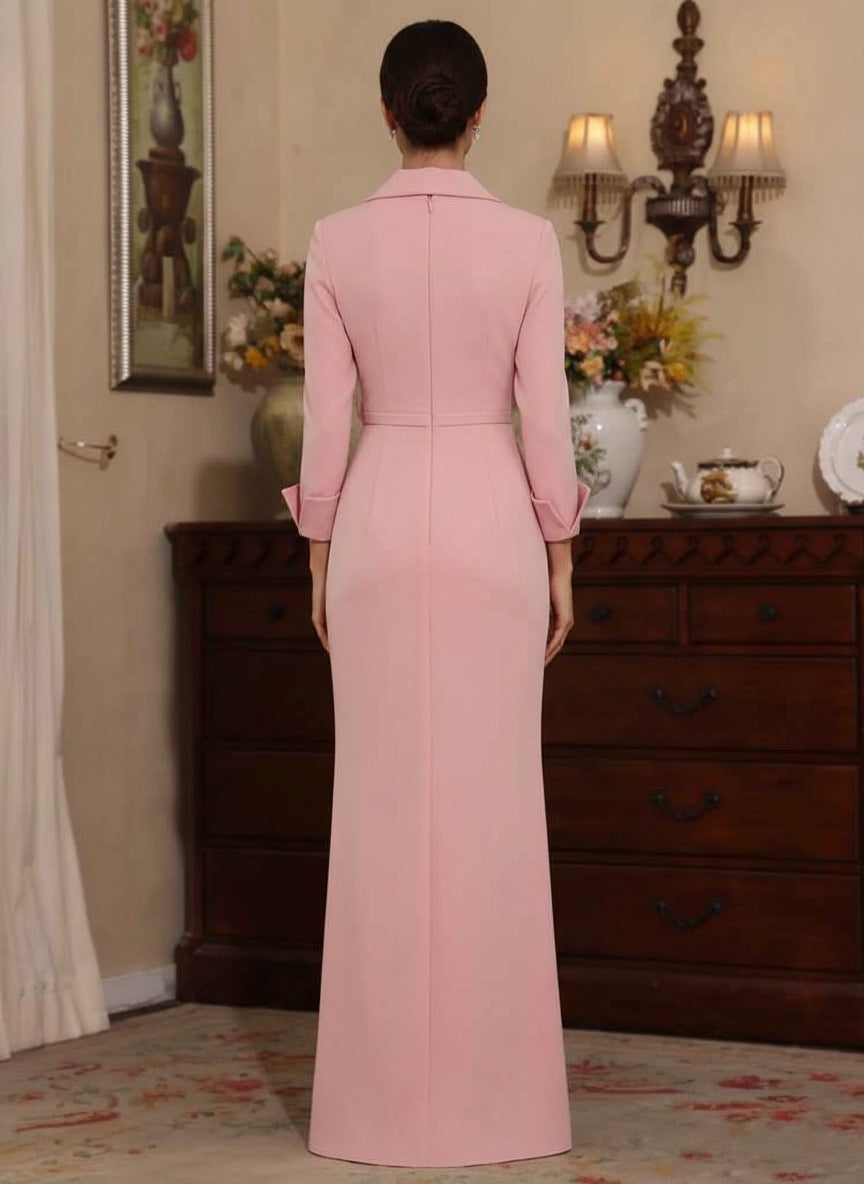 Sheath/Column V-Neck Stretch Satin Mother of the Bride Dresses with 3D Flower Floor-Length 3/4 Sleeves