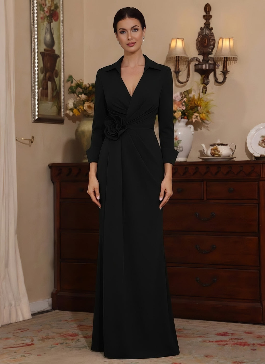 Sheath/Column V-Neck Stretch Satin Mother of the Bride Dresses with 3D Flower Floor-Length 3/4 Sleeves