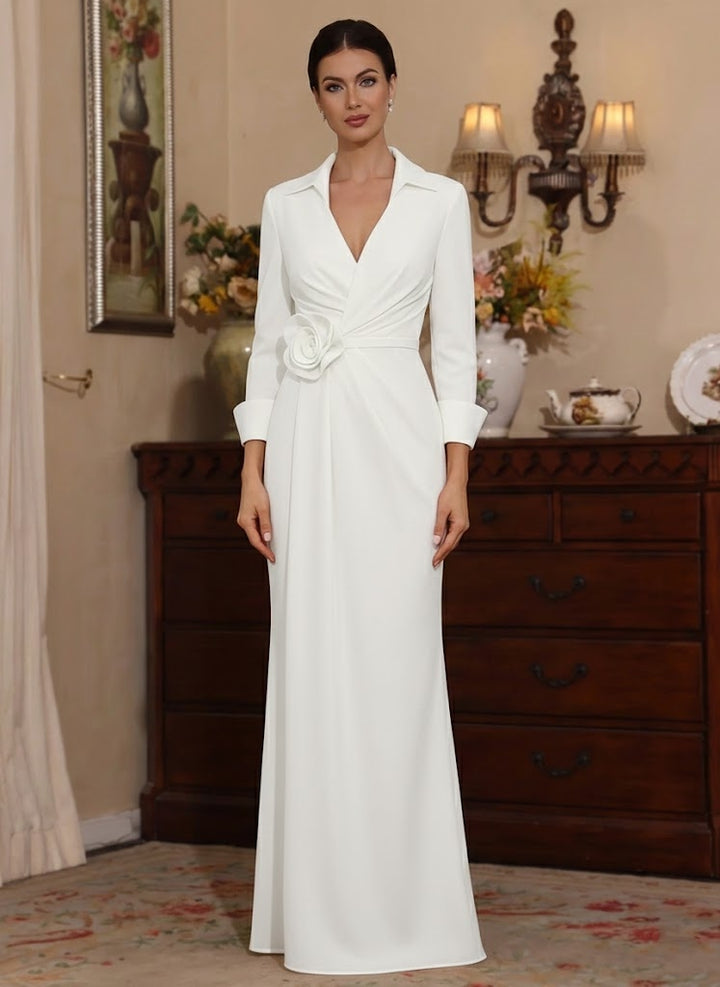 Sheath/Column V-Neck Stretch Satin Mother of the Bride Dresses with 3D Flower Floor-Length 3/4 Sleeves