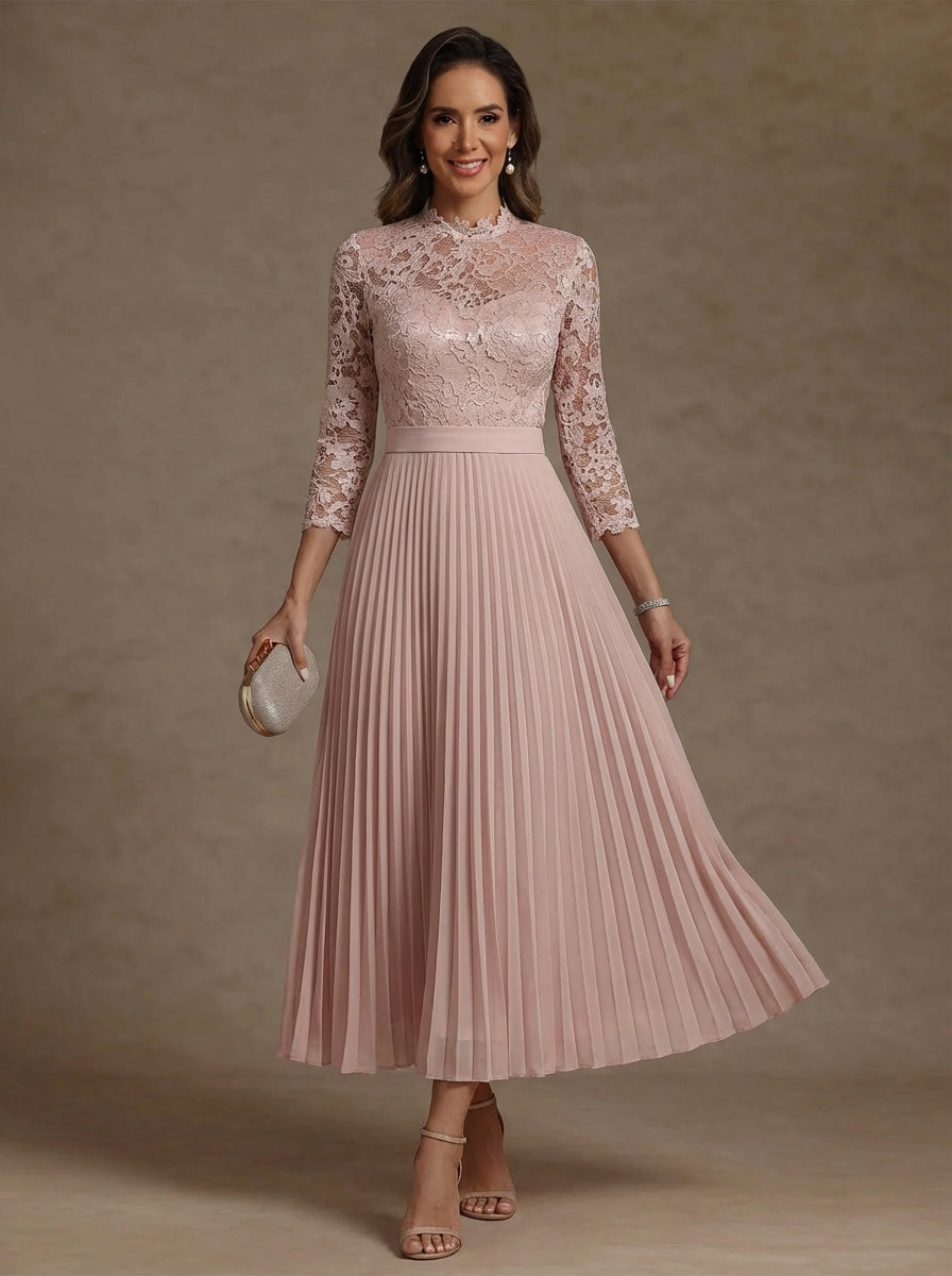 A-Line/Princess High Neck Chiffon Mother of the Bride Dresses Lace Tea-Length 3/4 Sleeves Pleated