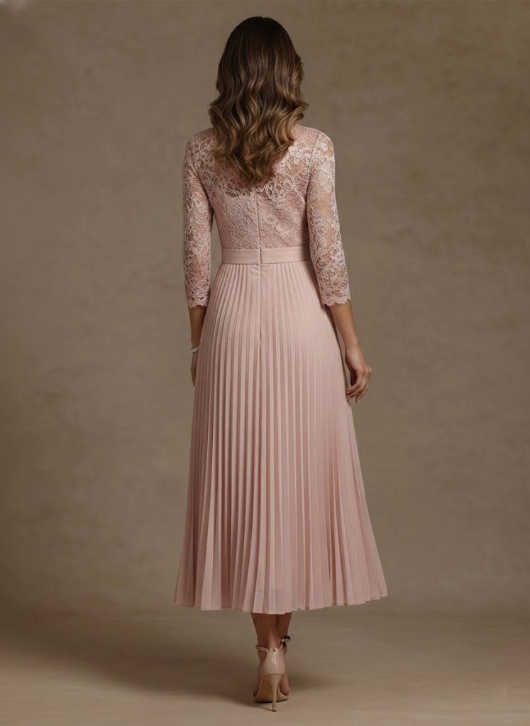 A-Line/Princess High Neck Chiffon Mother of the Bride Dresses Lace Tea-Length 3/4 Sleeves Pleated
