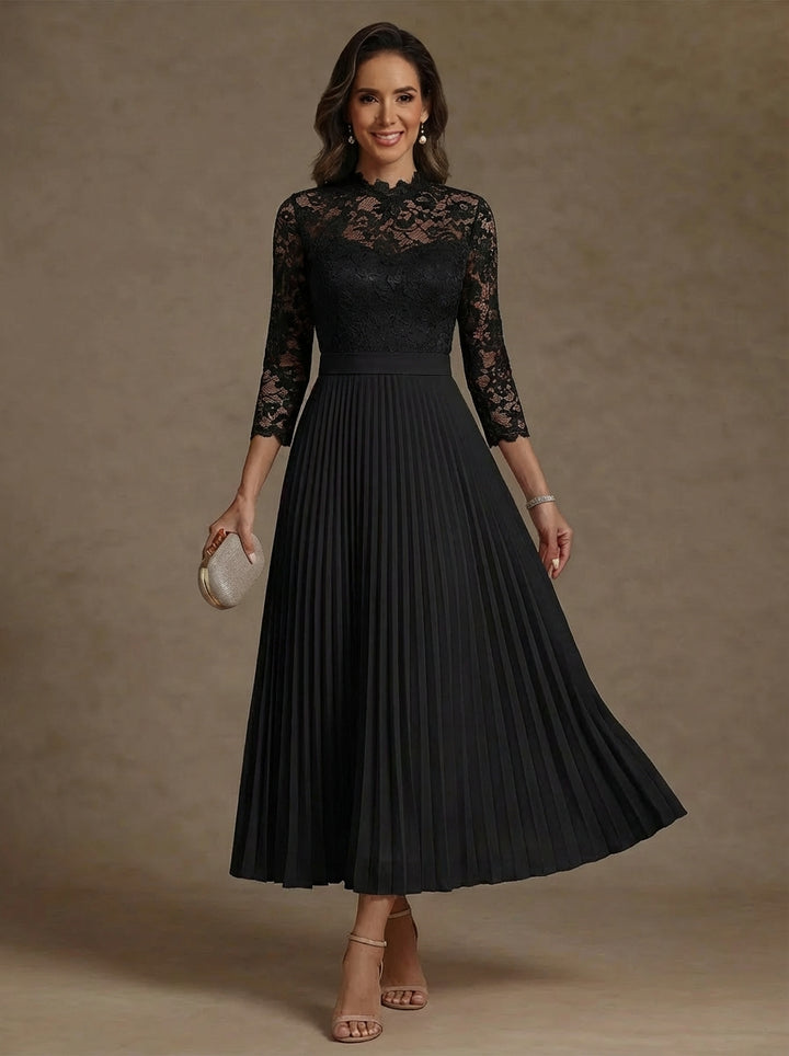 A-Line/Princess High Neck Chiffon Mother of the Bride Dresses Lace Tea-Length 3/4 Sleeves Pleated