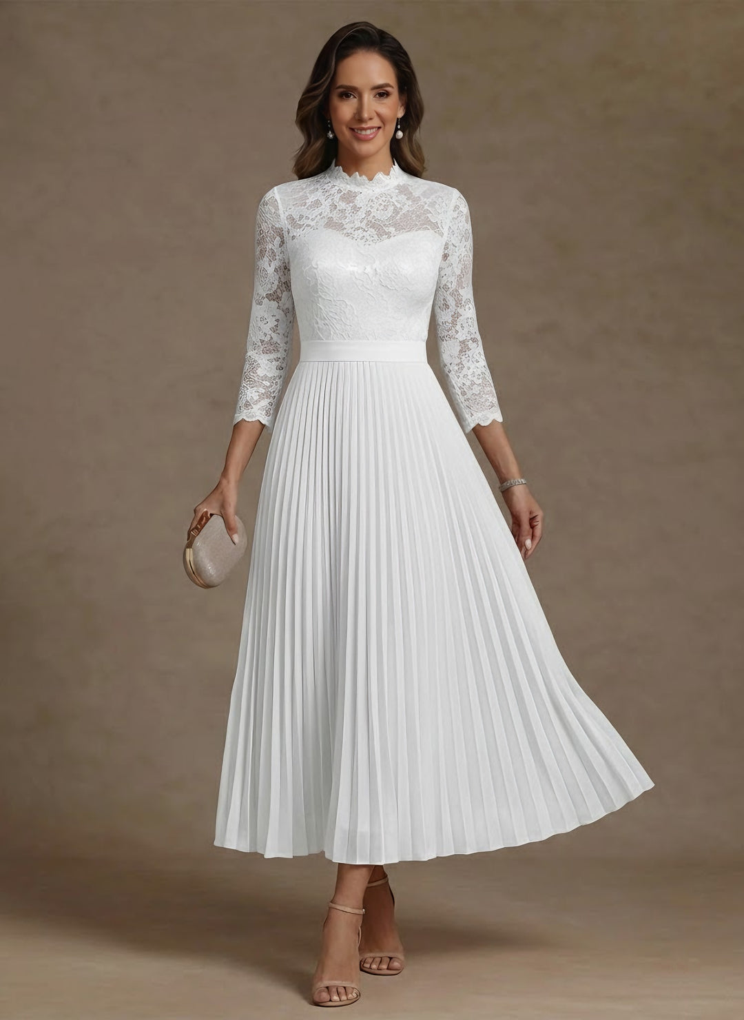 A-Line/Princess High Neck Chiffon Mother of the Bride Dresses Lace Tea-Length 3/4 Sleeves Pleated