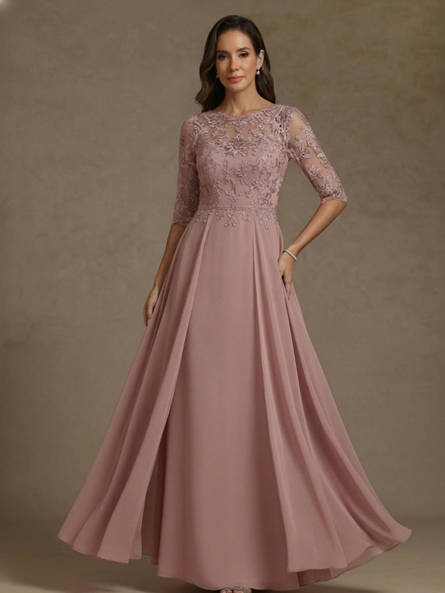 A-Line/Princess Boat Neck Chiffon Mother of the Bride Dresses Lace Floor-Length Half Sleeves