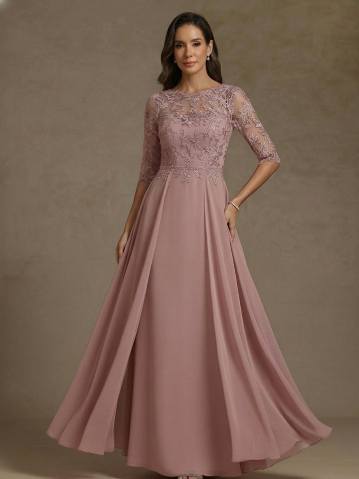 A-Line/Princess Boat Neck Chiffon Mother of the Bride Dresses Lace Floor-Length Half Sleeves