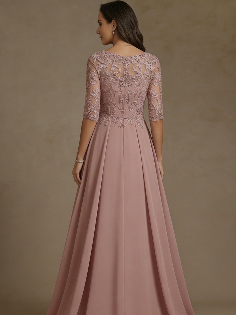 A-Line/Princess Boat Neck Chiffon Mother of the Bride Dresses Lace Floor-Length Half Sleeves