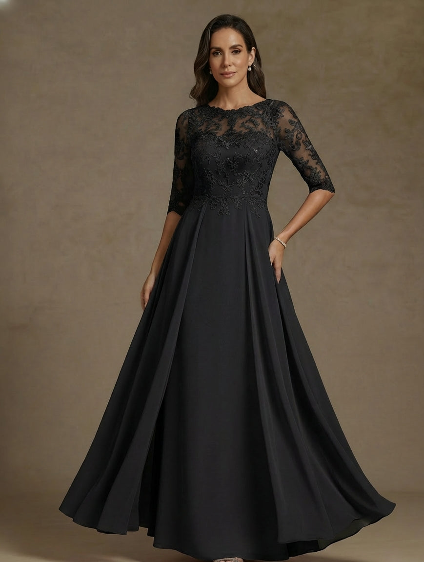 A-Line/Princess Boat Neck Chiffon Mother of the Bride Dresses Lace Floor-Length Half Sleeves