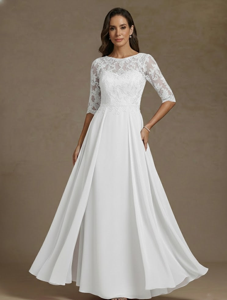 A-Line/Princess Boat Neck Chiffon Mother of the Bride Dresses Lace Floor-Length Half Sleeves, Dusty Rose