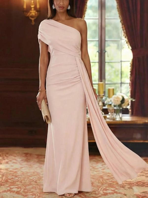 Sheath/Column One-Shoulder Chiffon Mother of the Bride Dresses with Watteau Train Floor-Length Sleeveless