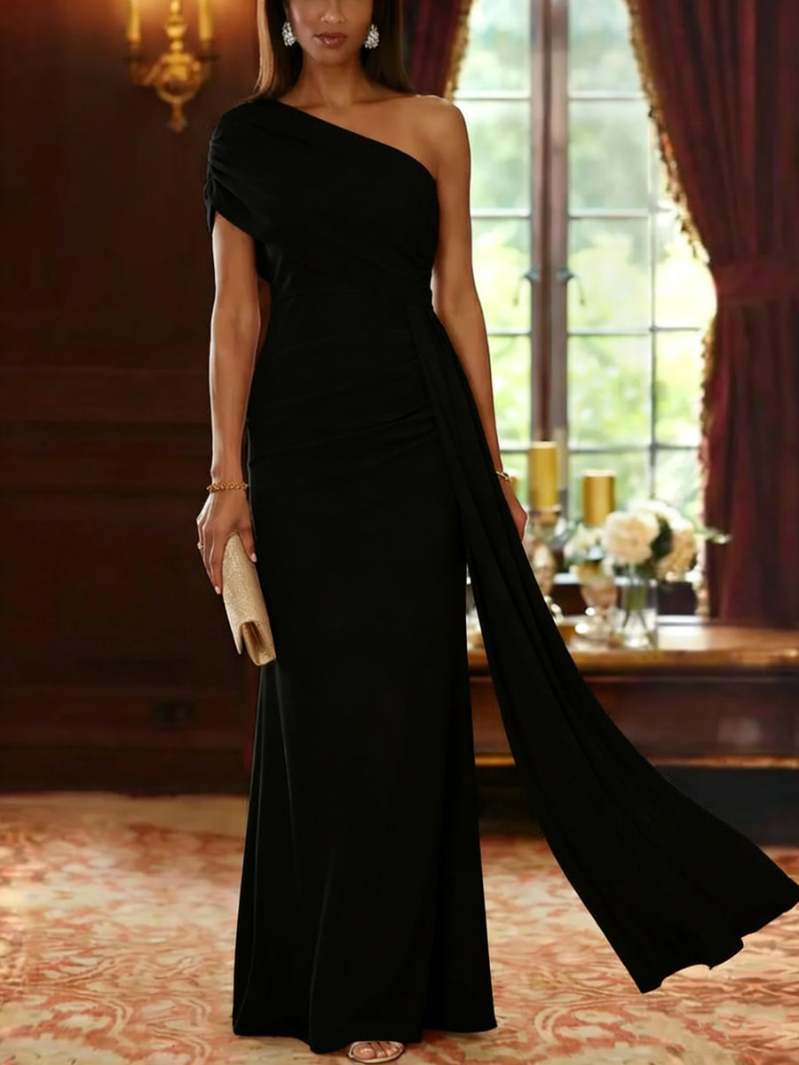 Sheath/Column One-Shoulder Chiffon Mother of the Bride Dresses with Watteau Train Floor-Length Sleeveless