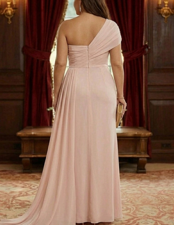 Sheath/Column One-Shoulder Chiffon Plus Size Mother of the Bride Dresses with Watteau Train Floor-Length Sleeveless