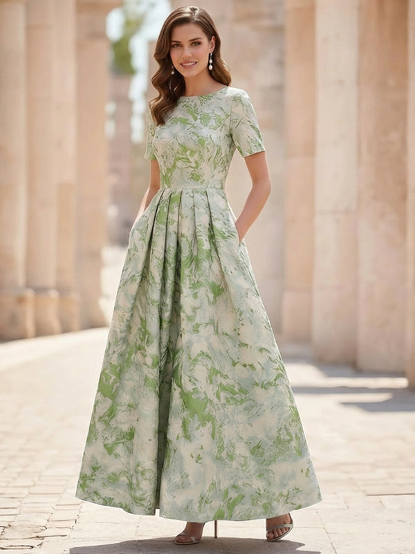 A-Line/Princess Scoop Jacquard Mother of the Bride Dresses Ankle-Length Short Sleeves Pleats