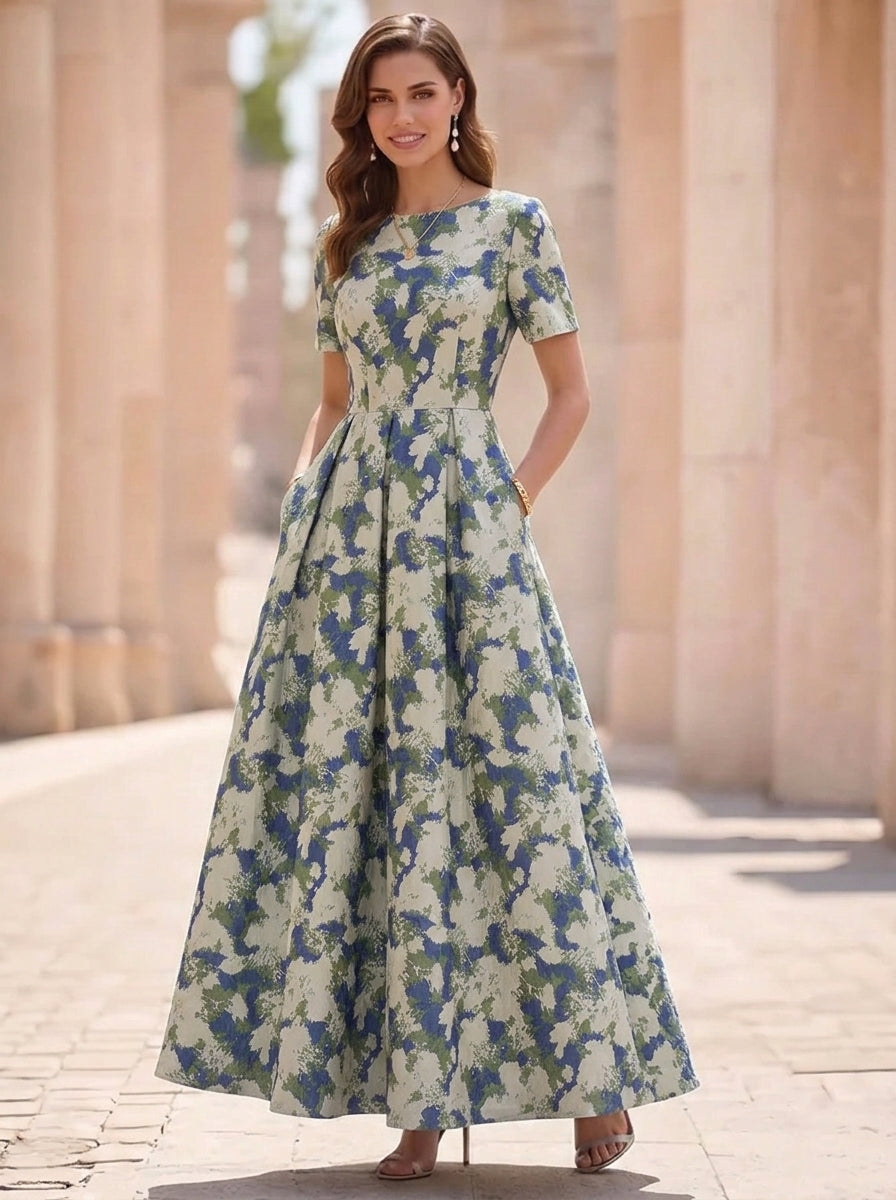 A-Line/Princess Scoop Jacquard Mother of the Bride Dresses Ankle-Length Short Sleeves Pleats