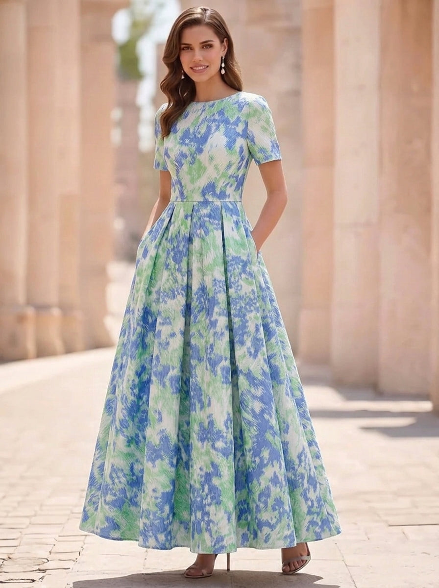 A-Line/Princess Scoop Jacquard Mother of the Bride Dresses Ankle-Length Short Sleeves Pleats