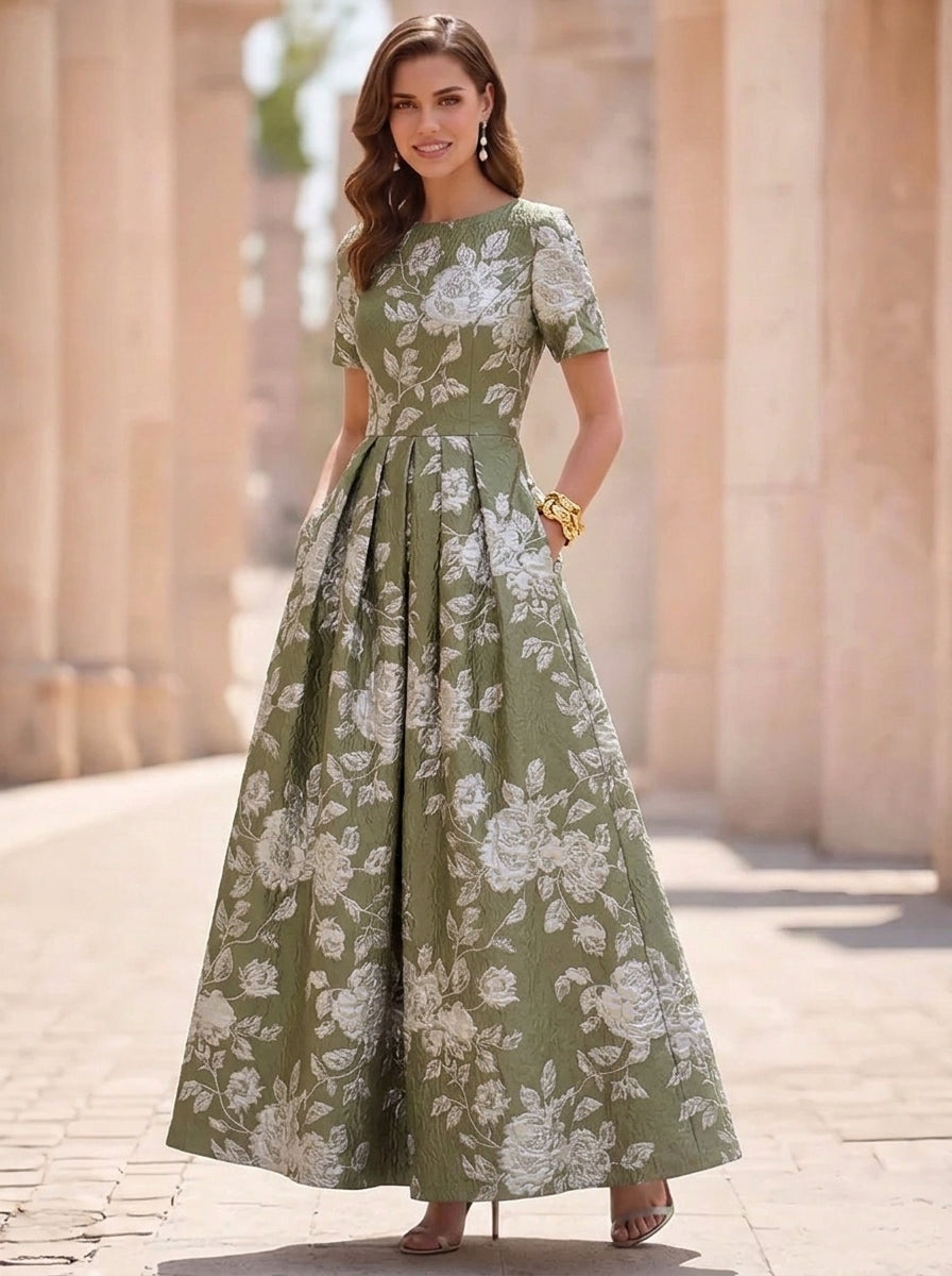 A-Line/Princess Scoop Jacquard Mother of the Bride Dresses Ankle-Length Short Sleeves Pleats