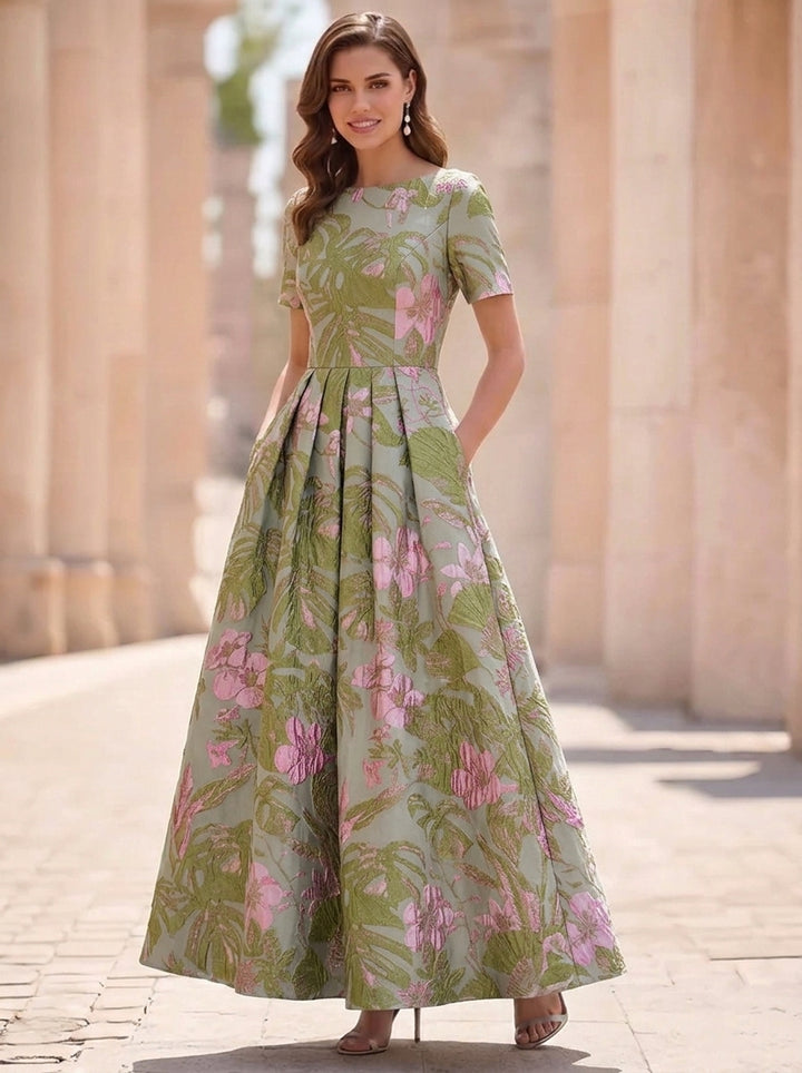 A-Line/Princess Scoop Jacquard Mother of the Bride Dresses Ankle-Length Short Sleeves Pleats