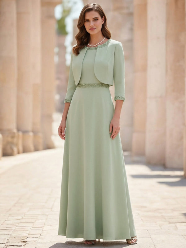 A-Line/Princess Scoop Satin 2 Pieces Mother of the Bride Dresses with Jacket Ankle-Length 3/4 Sleeves Beading