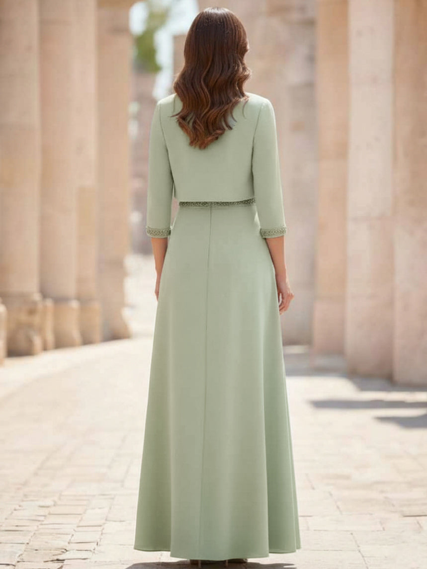 A-Line/Princess Scoop Satin 2 Pieces Mother of the Bride Dresses with Jacket Ankle-Length 3/4 Sleeves Beading