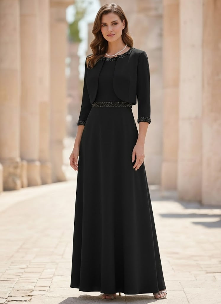 A-Line/Princess Scoop Satin 2 Pieces Mother of the Bride Dresses with Jacket Ankle-Length 3/4 Sleeves Beading