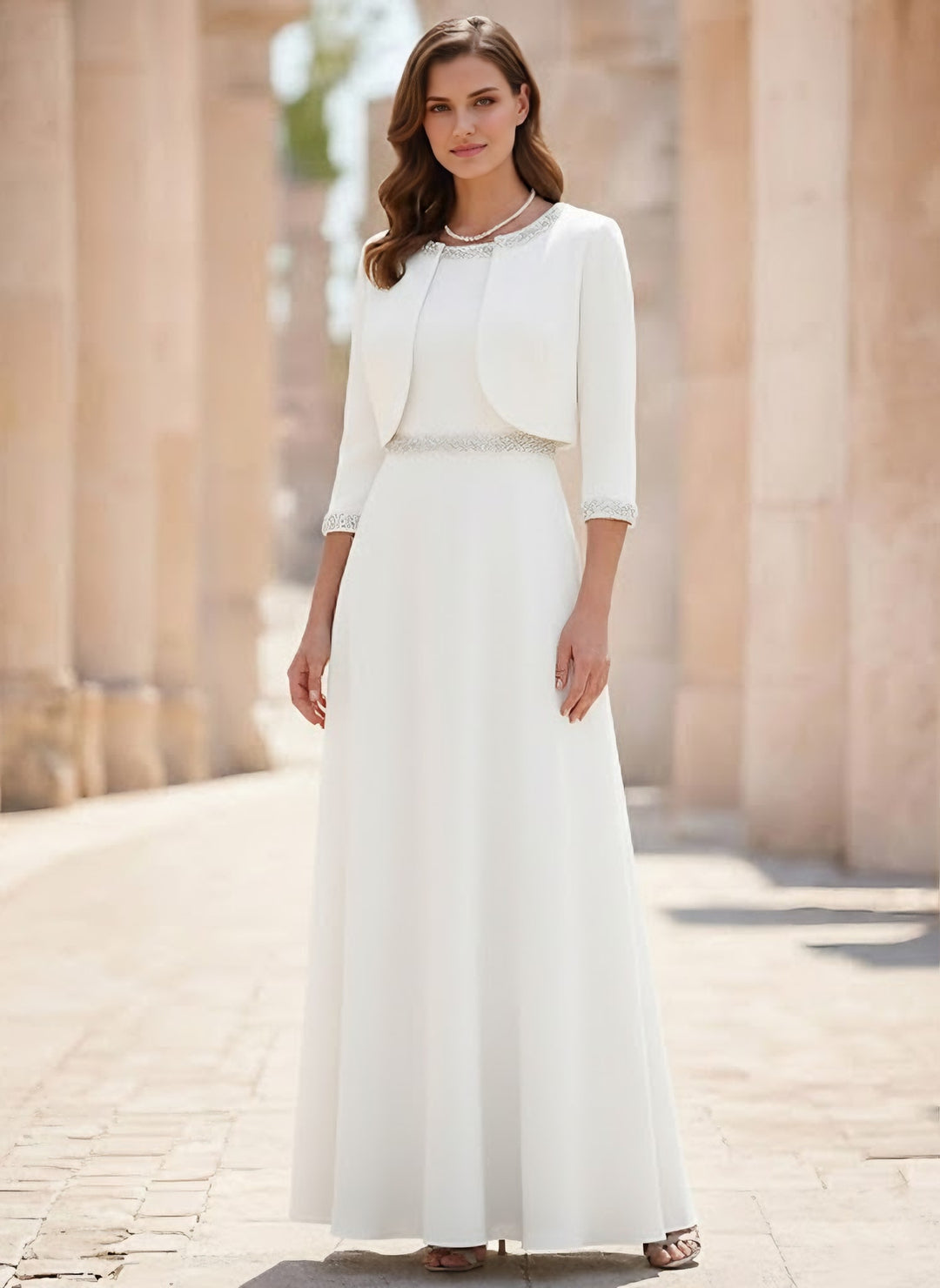 A-Line/Princess Scoop Satin 2 Pieces Mother of the Bride Dresses with Jacket Ankle-Length 3/4 Sleeves Beading