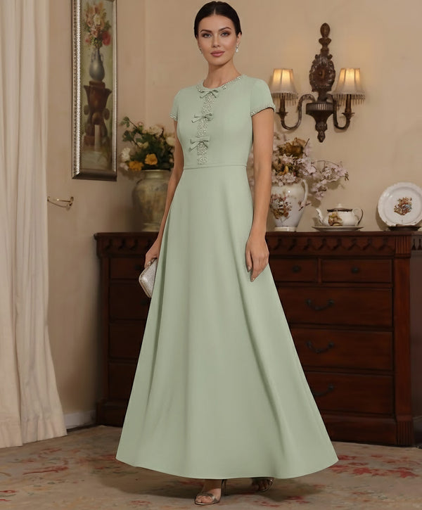 A-Line/Princess Scoop Satin Mother of the Bride Dresses Ankle-Length Short Sleeves Beading