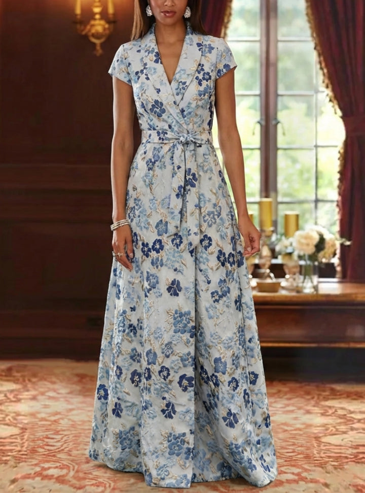 A-Line/Princess V-Neck Jacquard Mother of the Bride Dresses Floral Floor-Length Short Sleeves Belt