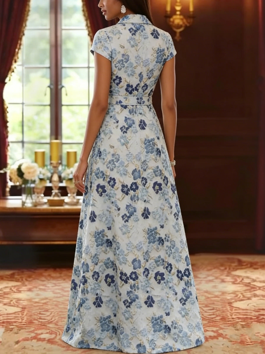 A-Line/Princess V-Neck Jacquard Mother of the Bride Dresses Floral Floor-Length Short Sleeves Belt