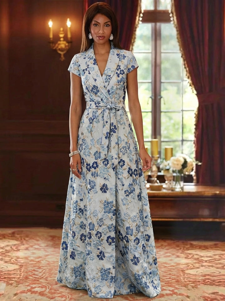 A-Line/Princess V-Neck Jacquard Mother of the Bride Dresses Floral Floor-Length Short Sleeves Belt