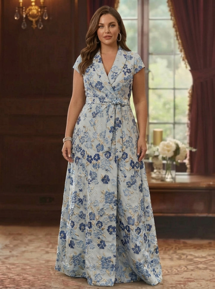 A-Line/Princess V-Neck Jacquard Plus Size Mother of the Bride Dresses Floral Floor-Length Short Sleeves Belt
