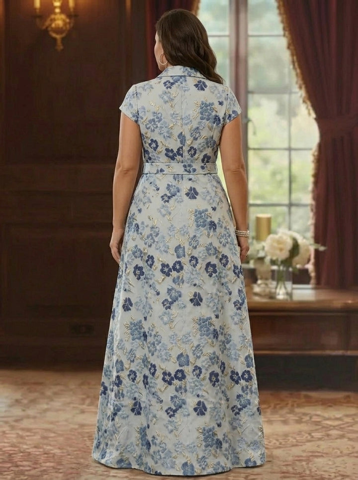A-Line/Princess V-Neck Jacquard Plus Size Mother of the Bride Dresses Floral Floor-Length Short Sleeves Belt