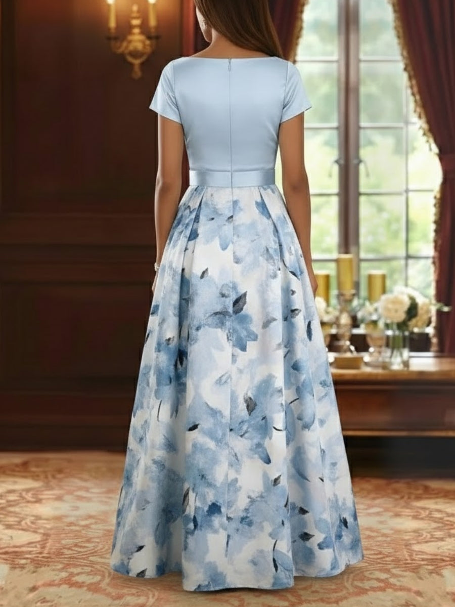 A-Line/Princess Boat Neck Satin Mother of the Bride Dresses Floral Floor-Length Short Sleeves Bowknot