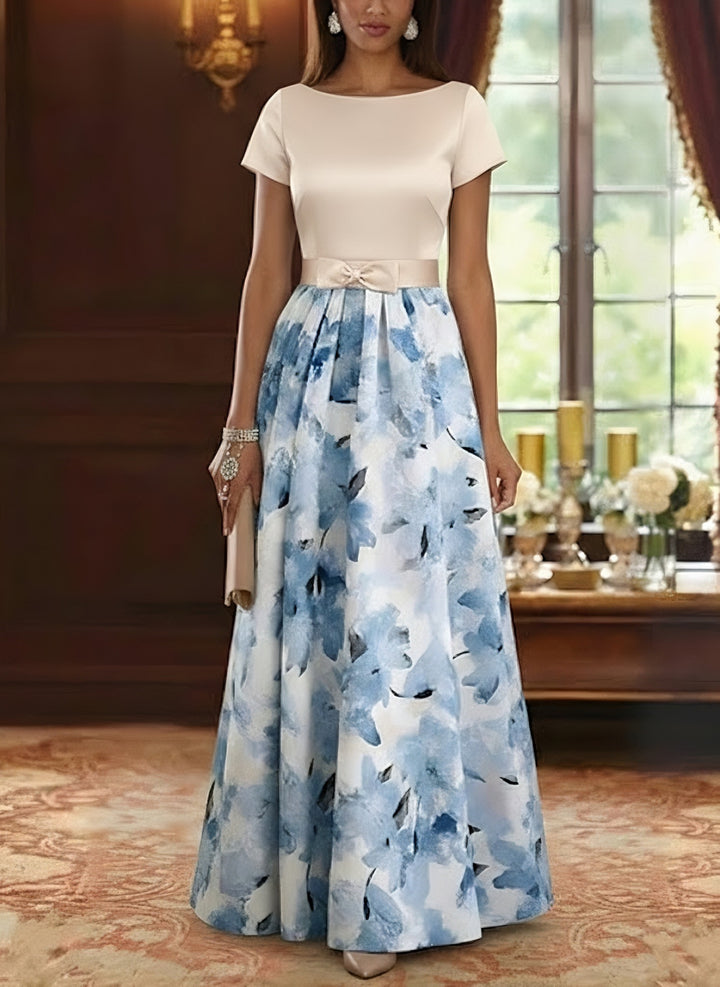 A-Line/Princess Boat Neck Satin Mother of the Bride Dresses Floral Floor-Length Short Sleeves Bowknot