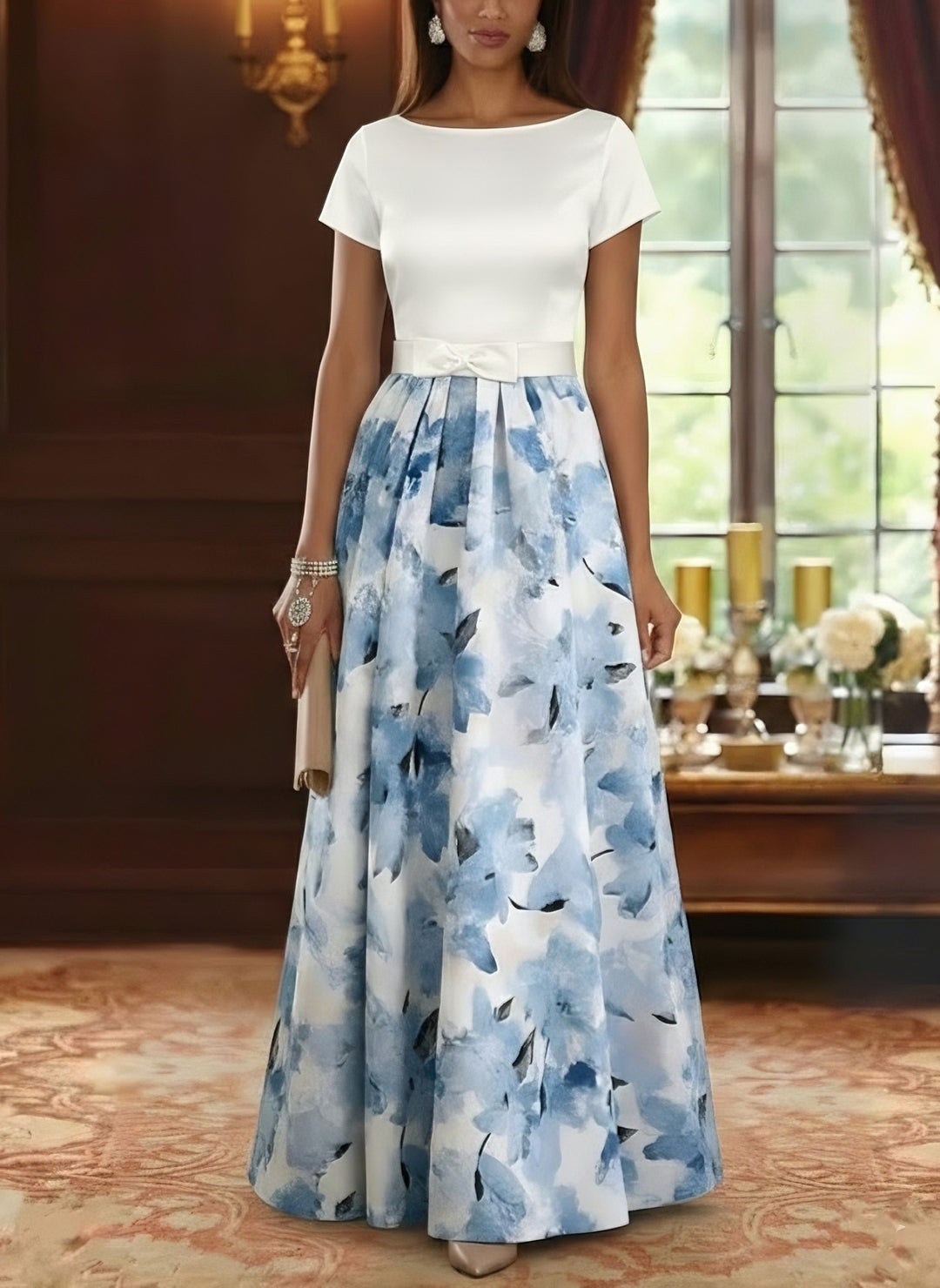 A-Line/Princess Boat Neck Satin Mother of the Bride Dresses Floral Floor-Length Short Sleeves Bowknot