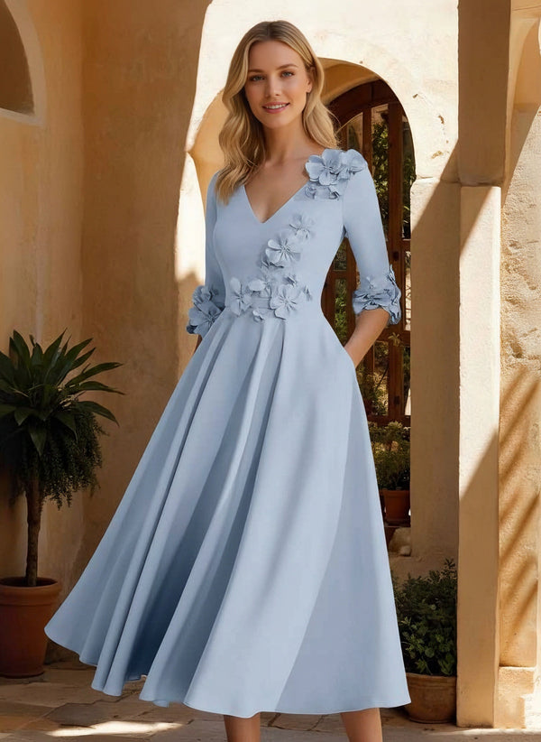 A-Line/Princess V-Neck Stretch Satin Mother of the Bride Dresses Tea-Length Floral 3/4 Sleeves 3D Flower