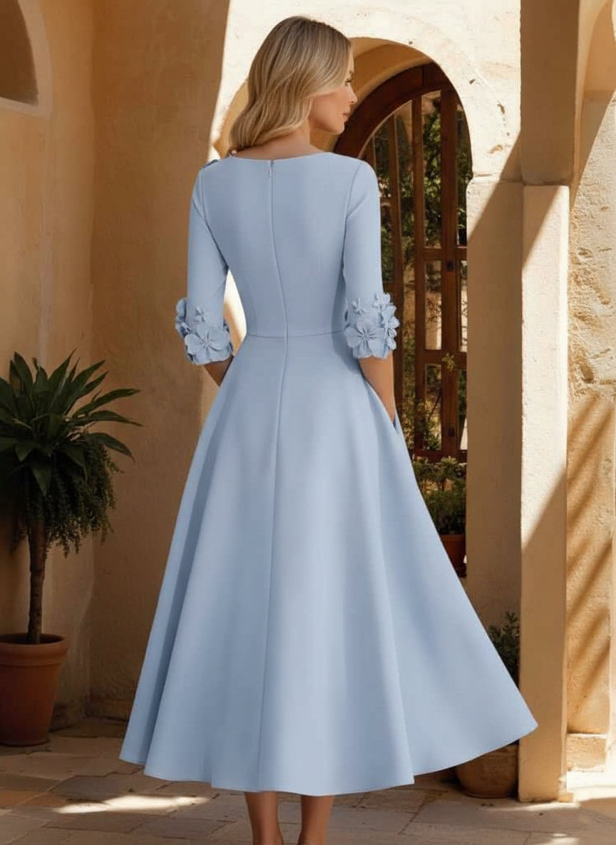 A-Line/Princess V-Neck Stretch Satin Mother of the Bride Dresses Tea-Length 3/4 Sleeves 3D Flower
