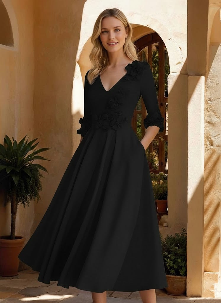A-Line/Princess V-Neck Stretch Satin Mother of the Bride Dresses Tea-Length Floral 3/4 Sleeves 3D Flower