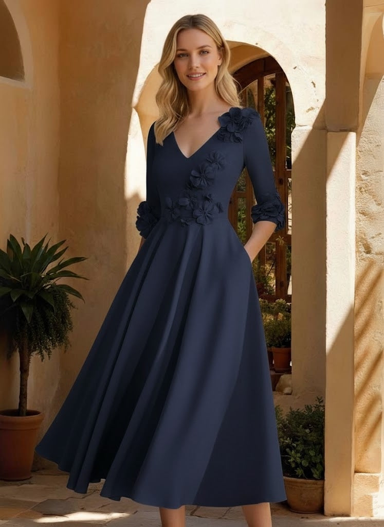 A-Line/Princess V-Neck Stretch Satin Mother of the Bride Dresses Tea-Length 3/4 Sleeves 3D Flower