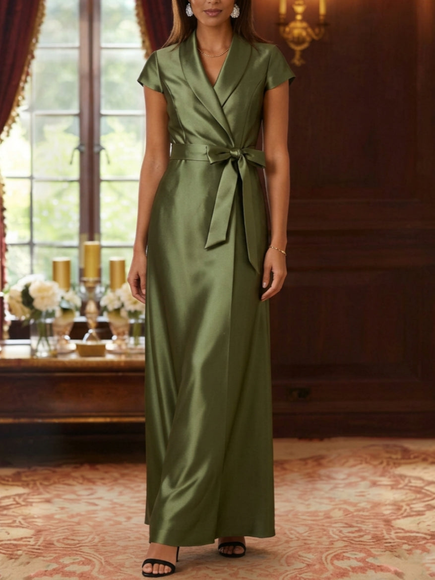 Sheath/Column Shirt Collar Silk Satin Mother of the Bride Dresses Cap Sleeves Ankle-Length Belt