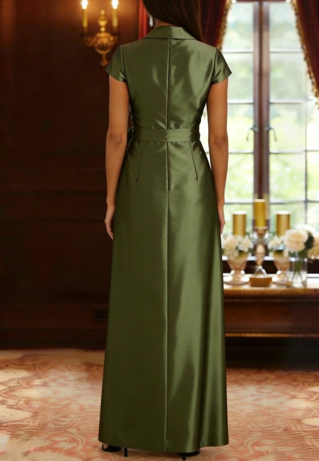 Sheath/Column Shirt Collar Silk Satin Mother of the Bride Dresses Cap Sleeves Ankle-Length Belt