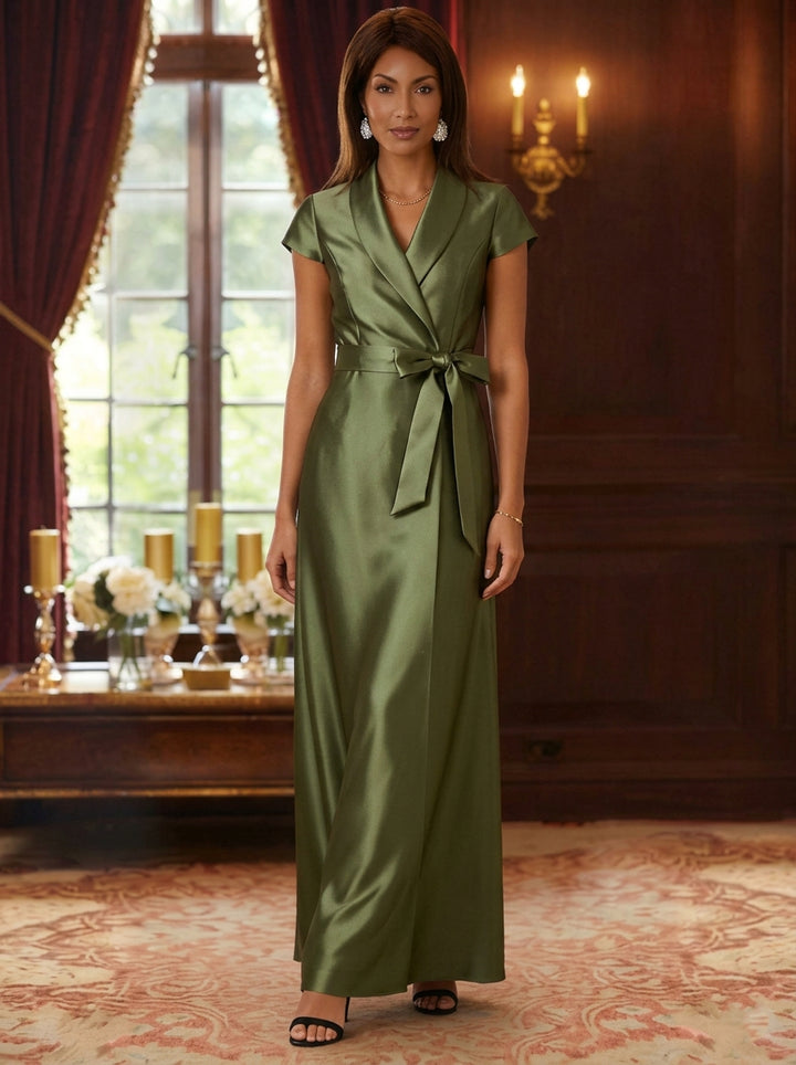 Sheath/Column Shirt Collar Silk Satin Mother of the Bride Dresses Cap Sleeves Ankle-Length Belt