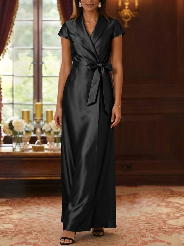 Sheath/Column Shirt Collar Silk Satin Mother of the Bride Dresses Cap Sleeves Ankle-Length Belt